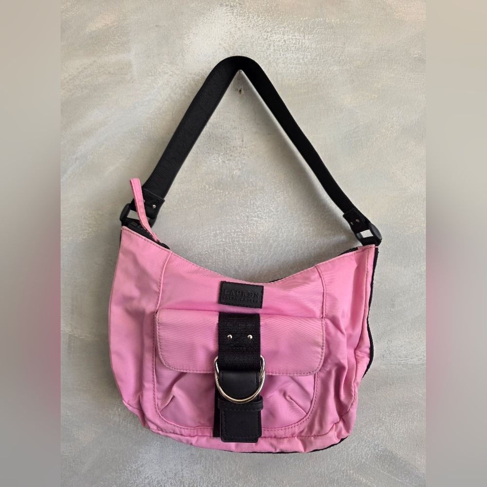 Ralph Lauren Pink Nylon Shoulder Purse Utility Handbag Logo Trim 11x8x2.5